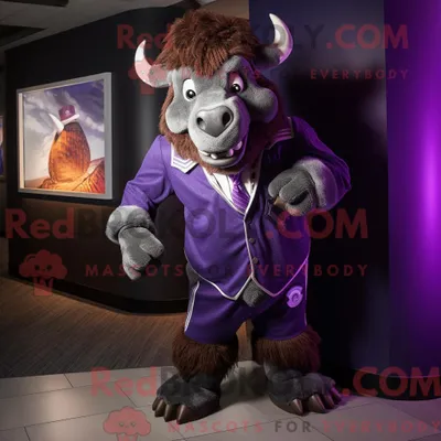 Productafbeelding van Mascottekarakter REDBROKOLY van een paarse buffel gekleed met een jasje en stropdassen
