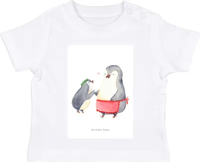 Produktbild von Mr. & Mrs. Panda Babyshirt Pinguin mit Kind 6. - 12. Monat - Weiß - Geschenk,  T-Shirt, Mama, Baby Oberteil, Muttertag, Familie, Vorbild, Kinder, Mutter