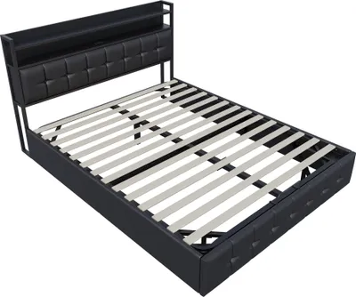 Image de Fortuna Lai Lit capitonné 140x190 cm avec éclairage LED & prise électrique - Lit de rangement avec vérin à gaz & fonction de chargement USB/Type-C - Similicuir noir