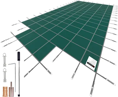 Image de SucceBuy Couverture de sécurité pour piscine, adaptée aux piscines rectangulaires encastrées de 6 x 12 m, couverture solide en filet avec une marche centrale de 1,2 x 3 m et des trous de drainage pour la sécurité en hiver, vert