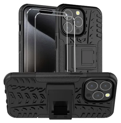 Obrázek produktu pro sada ochranných krytů 2v1 pro Apple iPhone 14 Pro se skládá z 2x ochranného skla 9H a 1x silikonového pouzdra v černé barvě
