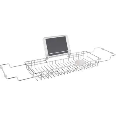 A silver metal bath caddy with an iPad holder.