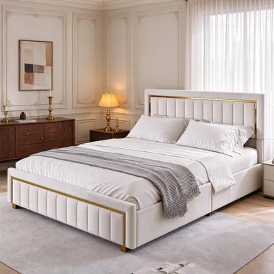 Image de Lit tapissier INONEF 140x200 avec espace de rangement, lit à lattes avec coffre à ressort hydraulique et repose-tête réglable, lit pour adolescents, en velours, sans matelas, couleur beige