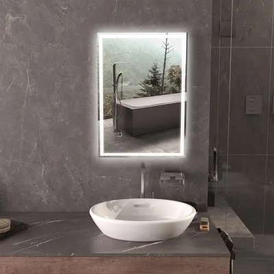 Zdjęcie produktu dla Lustro łazienkowe LED z przełącznikiem dotykowym, lustro ścienne z podświetleniem w kolorze zimnej bieli, aluminium i szkło, możliwość montażu w poziomie i w pionie, kolor srebrny | 50 x 70 cm | IP44 | 4 kg