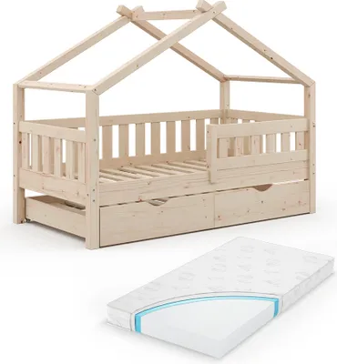 Obrázek produktu pro Vitalispa Domečková postel Design, 80x160 cm s lůžkem pro hosty a matrací, Přírodní dřevo