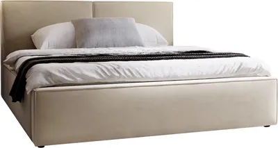 A beige upholstered bed with a headboard, mattress, and bedding, shown against a white background.