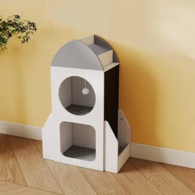 Immagine prodotto di COSTWAY 2 in 1 Libreria per bambini a forma di razzo, scaffale per bambini a 3 ripiani e tiragraffi con lavagna, 2 scomparti, ripiano e pallina, scaffale per giocattoli in legno