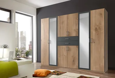 Produktbild von Kleiderschrank Drehtürenschrank Schlafzimmerschrank Schrank Schlafen "Drugi II" Plankeneiche/Graphit