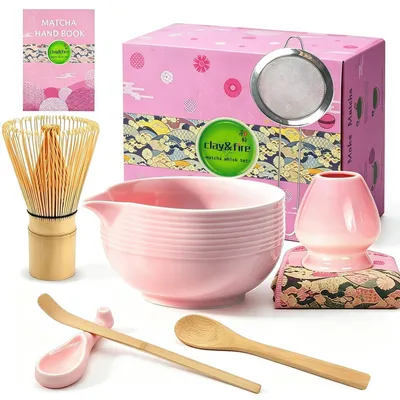 Immagine prodotto di Set per il matcha, composto da 9 elementi: ciotola in Vetroceramica rosa, frustino in bambù, cucchiaino in bambù, filtro in acciaio inossidabile