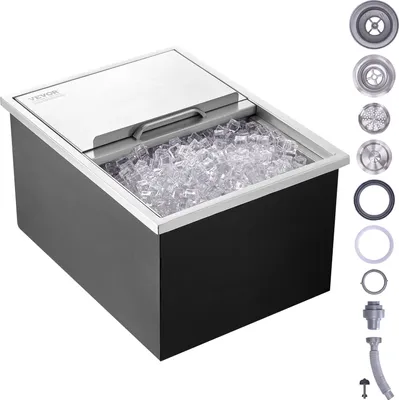 Obrázok produktu pre VEVOR 55,23 l zásuvný box na ľad, chladiaci box na ľad z nehrdzavejúcej ocele s rozmermi 608 x 457 x 333 mm, komerčný zásobník na ľad s posuvným vekom, zabudovaná truhlica na ľad, vypúšťacia rúrka a vypúšťacia zátka sú súčasťou dodávky