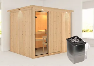 Produktbild von Karibu Sauna Innensauna Gobin Fronteinstieg Ofen 9 kW integr. Strg 245x210x202 cm mit Dachkranz mit Klarglastür