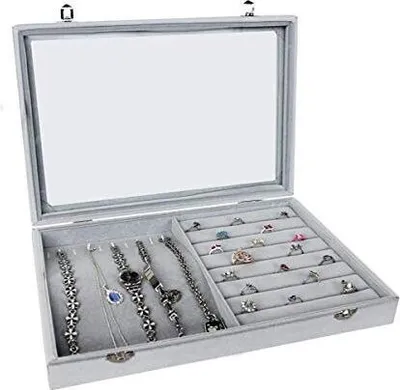 Produktbild von "2 in 1" Schmuckkasten Schmucklade Schaukasten Schmuckdisplay mit Glasdeckel für Ketten Ringe Uhren  grau