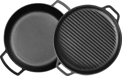 Produktbild von Ø36cm Gusseisenpfanne mit Deckel-Grillpfanne aus Gusseisen Bräter Schmortopf aus Gusseisen zwei Griffe Servierpfanne