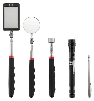 Productafbeelding van Wiltec Magnetische hefset, 5-delig, met LED-verlichting, uitschuifbare magnetische stang tot 80 cm, ronde en vierkante inspectiespiegel, en een ophulphandvat met zaklamp, geschikt voor werkplaats en reparatie