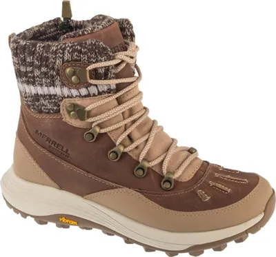 A single brown and tan Merrell women's winter boot with a knitted cuff is shown against a white background.