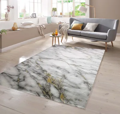 Produktbild von Teppich Marmor Optik in creme grau gold Größe - 80 x 300 cm