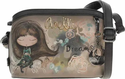 A close-up studio shot of a crossbody bag with a detailed illustration.