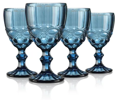 4 blaue Vintage-Weingläser mit Relief, 300 ml, bleifrei