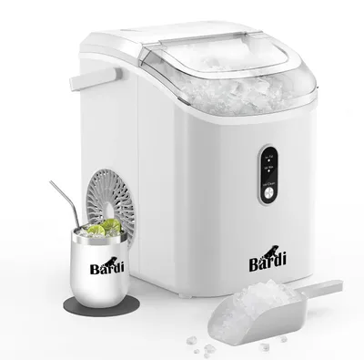 Produktbild von Bardi 1,1 l – Eiswürfelmaschine für runde Nuggets – Crushed Ice-Maschine mit Eisschaufel – 15 kg/24 Stunden – Eiswürfelbereiter – Inklusive r Thermoskanne – WEISS