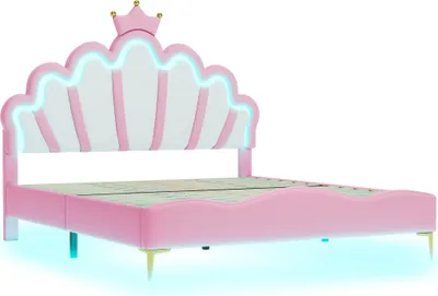 Produktbild von Flieks Polsterbett 140x200cm mit Lattenrost, Kinderbett mit Kronenförmigem Kopfteil, Jugendbett Doppelbett mit Led, Prinzessinnenbett Holzbett, PU