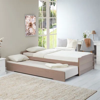 Produktbild von Ausziehbett LORENA in 90 x 190 cm, schönes Tagesbett aus Kiefer massiv in taupe, praktisches Jugendbett mit Auszugskasten