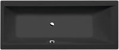 Top-down view of a black bathtub.