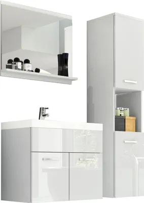Produktbild von MINIO go for it, Badezimmer, Badmöbel 3-Teilig Set "MONAL", mit Waschbecken, Weiß Glanz Farbe