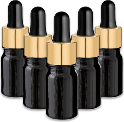 Produktbild von 5x Schwarze Glasflasche 5 ml mit goldener Aluminium-Pipette Fläschchen