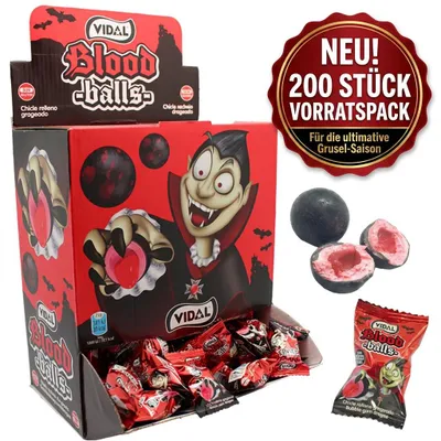 Obrázok produktu pre Displej s 200 kusmi žuvacích guličiek "Vidal Blood Balls" s príchuťou jahody, kyslé, s náplňou, hmotnosť 5 g