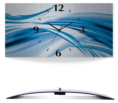 A wall clock with a blue wave design and black hands.