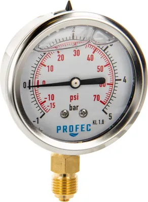 Produktbild von Profec Vakuummeter -1 bis -5 bar, Glyzeringefüllt, Ø 63 mm, 1/4 Zoll Anschluss nach unten Radial, Unterdruck-Manometer