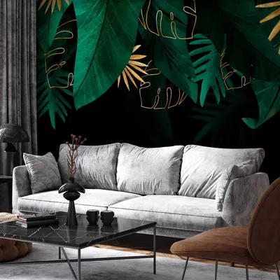 Produktbild von Vlies Fototapete - Jungle and composition - motif of green and golden leaves on a black background 400x280 cm Blätter b-A-10169-a-a