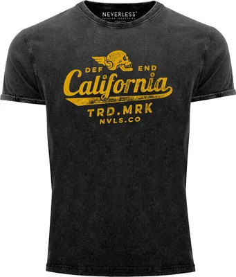 Produktbild von Herren Vintage Shirt California Skull Totenkopf Flügel Biker Motiv Printshirt T-Shirt Aufdruck Used Look Slim Fit Neverless® schwarz M