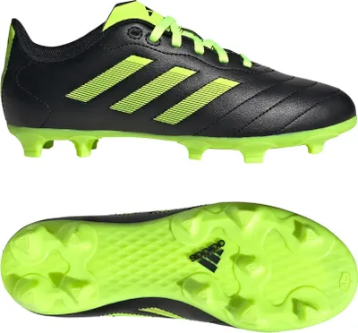 A pair of Adidas soccer cleats shown from the side and from the bottom.