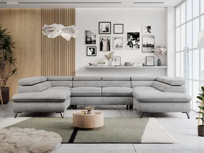 Produktbild von Wohnzimmersofa U-form, Eckcouch, Schlaffunktion und Bettkasten - PETER U - Velvet - Hellgrau