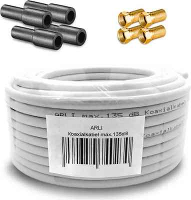Produktbild von 50m ARLI Koaxialkabel – max. 135 dB 5-fach geschirmt UV-beständig + 4x vergoldete F-Stecker & 4x Gummitüllen für DVB-S DVB-T2 4K HDTV