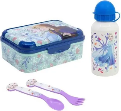Produktbild von Disney Die Eiskönigin Elsa 4 tlg Kinder Set Brotdose Alu-Trinkflasche Besteck
