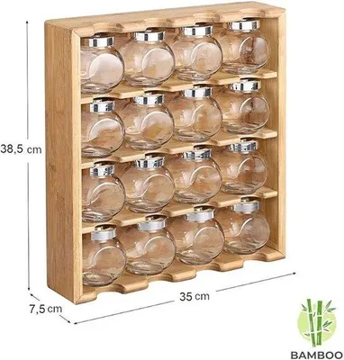 Imagen del producto de Estantería de bambú de 4 niveles para hierbas, con 16 recipientes de vidrio: organizador de cocina para pared o encimera