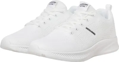 A pair of white sneakers on a white background.