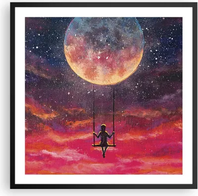 Produktbild von Gerahmtes Poster - Schwarzer Rahmen - Mond Schaukel Frau - 60x60 cm - Wand Bild - Wanddeko - Wandbilder - Kunstposter - Wandposter - Bilderrahmen - Bilder - Kunstdruck - P2BAC60x60-5095