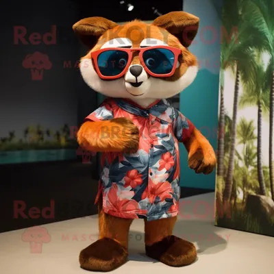 Produktbild von Olivroter REDBROKOLY Panda Maskottchen Kostüm charakter bekleidet mit einem Wickelkleid und einer Sonnenbrille