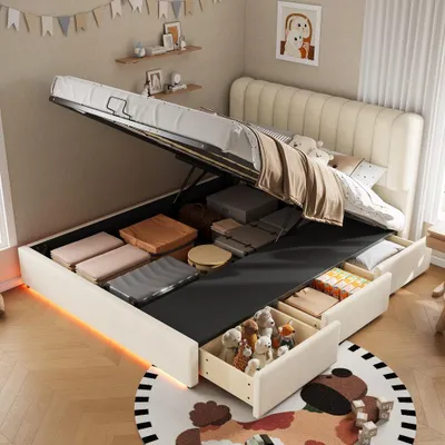 Produktbild von Jugendbett mit Bettkasten, LED-Licht und Samtbezug, platzsparendes Design mit 3 Schubladen und Gasdruckfeder, Beige 140x200 cm
