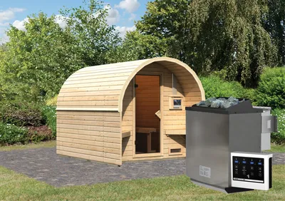Produktbild von Karibu Saunahaus Außensauna Saunafass Fasshaus 2 unbehandelt Ofen 9 kW  externe Strg easy 38mm Massivholz 225x277x230 cm
