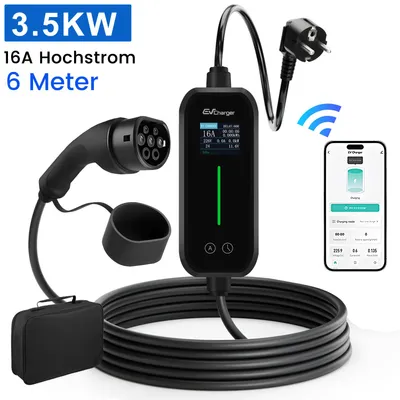 Zdjęcie produktu dla Junsun EV APP/WIFI przenośna ładowarka 3,5 kW 6-16 A Schuko jednofazowy kabel do ładowania EV 6 m z regulacją prądu dla pojazdów elektrycznych typu 2