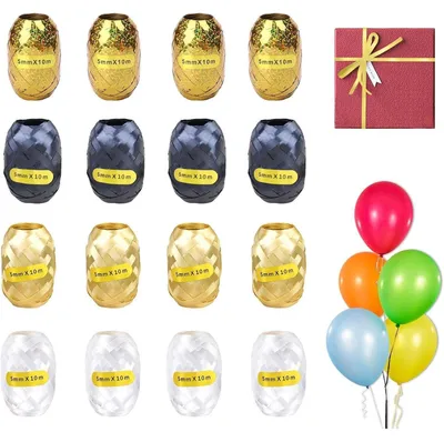 Produktbild von Geschenkband Set 16 Rollen Gold Schwarz Weiß Ringelband 5mm