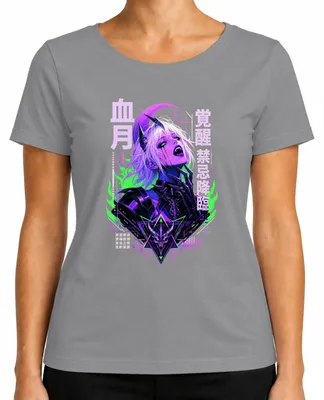 Zdjęcie produktu dla Koszulka damska z motywem anime: "Demon Girl Cyberpunk", styl japoński, gotycki, lata 2000, motyw sukuba, oni. Kolor: szary. Rozmiar: XL
