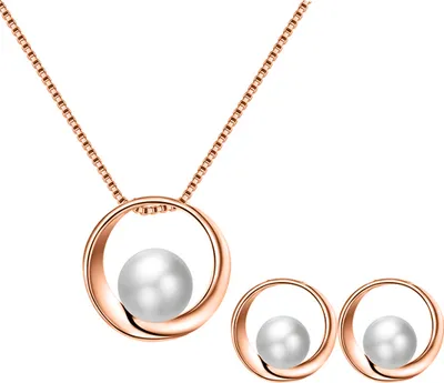 Produktbild von Frauen Faux Perle Runde Anhänger Halskette Ohrstecker Hochzeit Party Schmuck Set-Golden
