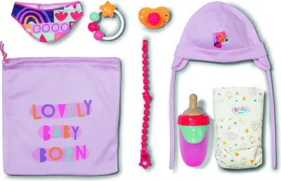 Immagine prodotto di Set neonato BABY born con sciarpa, ciuccio, pannolino, cappello e catena per ciuccio per bambole da 43cm