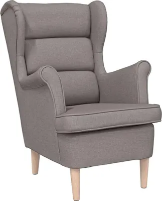 A grey fabric armchair with wooden legs against a white background.