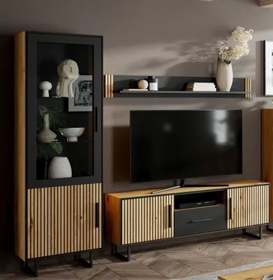 Produktbild von Wohnwand >Eddie< (3-teilig) in Eiche / schwarz - 239x197x40 (BxHxT)